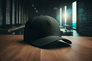 béisbol negro gorra en mesa. generar ai foto