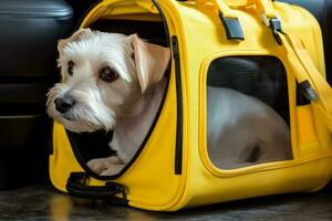 Dog sit yellow carrier. Generate Ai photo