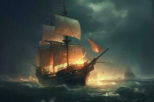 Ship in sea storm. Generate Ai photo