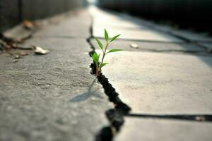 Plant grow alone crack pavement. Generate Ai photo
