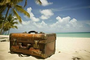 maleta tropical playa arena. generar ai foto