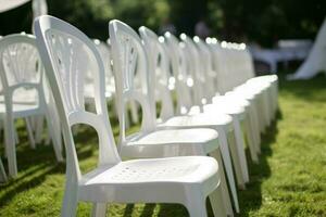 White chairs wedding grass. Generate Ai photo