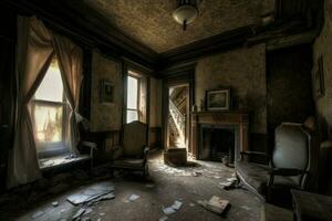 Abandoned haunted interior house. Generate Ai photo