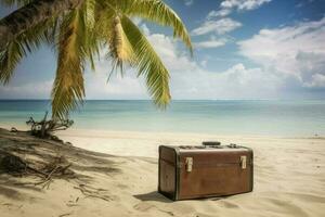 maleta tropical playa palmera. generar ai foto