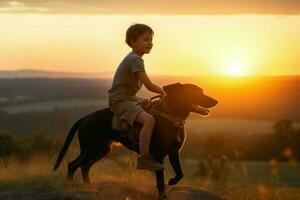Boy riding dog. Generate Ai photo