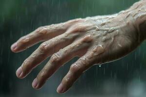 Closeup hand in rain climate. Generate Ai photo