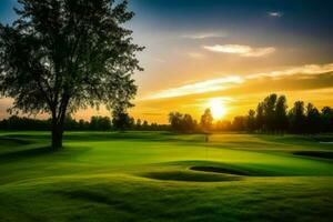 Green gold course sunset grass. Generate AI photo