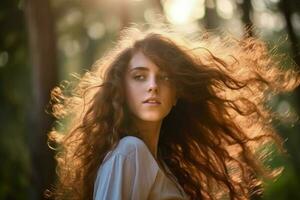 Woman long curly hair fashion. Generate Ai photo