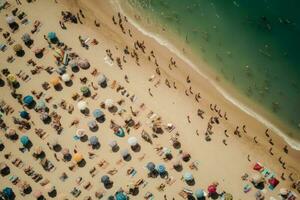 Aerial view crowded beach. Generate Ai photo