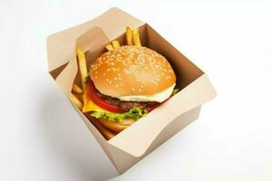 Tasty burger paper box. Generate Ai photo