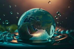 Earth world inside water drop. Generate Ai photo