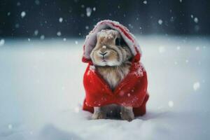 Cute rabbit dressed santa claus in snow. Generate Ai photo