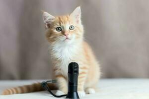linda inteligente gato cerca micrófono. generar ai foto