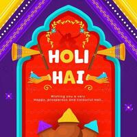 It's Holi Concept With Mud Pots Full Of Color Powder, Loudspeakers On Colorful Kitsch Style Background. vector