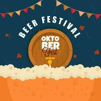 Oktoberfest Beer Festival Poster Design With Wooden Barrel Tap And Bunting Flags On Blue Background. vector