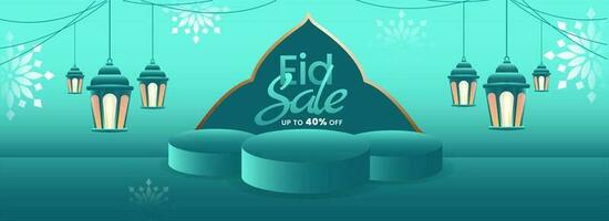 Eid Sale Banner Or Header Design With Discount Offer And Lanterns Hang On Turquoise Background. vector