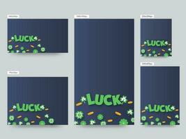 Social Media Posts Collection With Luck Text, Paper Shamrock Leaves And Golden Coins On Blue Background. vector