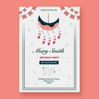 Birthday Party Invitation Card With Crescent Moon Shaped Dreamcatcher In White Color. vector