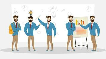 Set of businessman character in different activity and a info graphic presentation board. vector