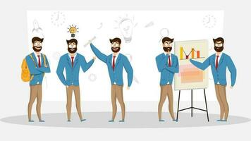 Set of businessman character in different activity and a info graphic presentation board. vector