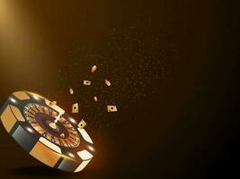 3D Rendering Of Casino Chip Inside Roulette Wheel, Golden Coins, Playing Cards And Particles On Brown Background. vector