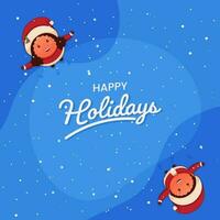 Happy Holidays Font With Cheerful Kids Enjoying Snowfall On Blue Background. vector