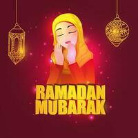 Yellow Ramadan Mubarak Font With Beautiful Islamic Young Woman Offering Namaz Prayer, Linear Lanterns Hang On Red Lights Effect Background. vector