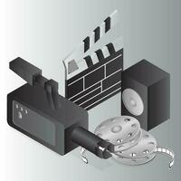 Realistic video camera with speaker, clapper and film reel on grey background. vector