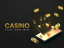 Casino Play And Win Through Smartphone With 3D Elements On Black Polygonal Background. vector