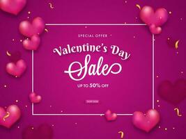Valentine's Day Sale Poster Design Decorated With Pink Hearts. vector