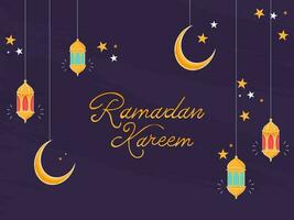 Ramadán kareem fuente con creciente luna, estrellas y linternas colgar en púrpura antecedentes. vector