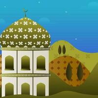 Mosque Illustration With Trees On Green And Blue Background. vector