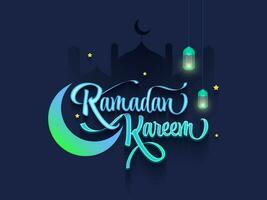 Gradient Ramadan Kareem Font With Crescent Moon, Golden Stars And Hanging Lanterns On Blue Silhouette Mosque Background. vector