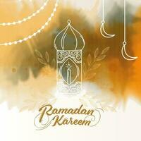 Ramadan Kareem Font With Line Art Lantern, Crescent Moon Hang On Abstract Watercolor Effect Background. vector