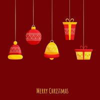 alegre Navidad concepto con colgando de lana sombrero, cascabeleo campana, chuchería y regalo cajas decorado en rojo antecedentes. vector