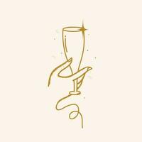 Bronze Linear Style Female Hand Holding Champagne Glass On Pastel Pink Background. vector