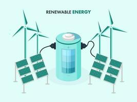 Renewable Energy Concept With 3D Illustration Of Battery Charging From Solar Panels And Windmills On Green Background. vector