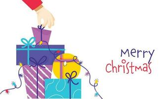 Merry Christmas Font With Colorful Gift Boxes And Lighting Garland On White Background. vector