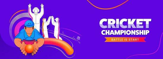 Illustration Of Cricket Player Team In Different Poses With Blend Wave On Violet Background For Championship Battle Is Start. vector