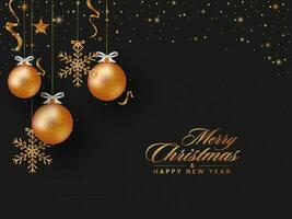 Golden Merry Christmas And Happy New Year Font With Hanging Baubles, Snowflakes, Stars And Particles On Black Background. vector