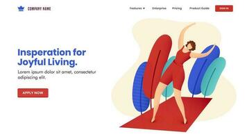 Inspiration For Joyful Living concept based landing page design with faceless woman doing exercise on red mat with nature view. vector