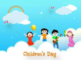 Group of little boy and girl enjoying with guitar instrument on paper cut cloudy background on the occasion of Children's Day celebration. vector