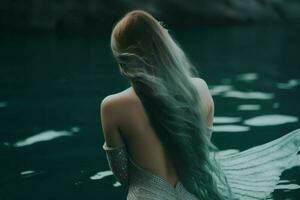 Back view mermaid sea. Generate Ai photo