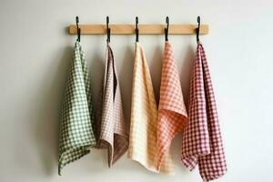 Kitchen towels haning on rack cotton. Generate AI photo