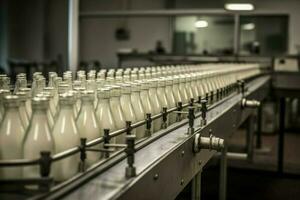 Milk bottle conveyor machine. Generate Ai photo