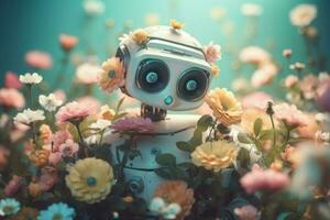 Robot smiling with flowers. Generate Ai photo