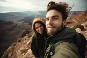 Couple traveler selfie. Generate Ai photo