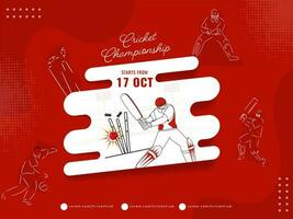 Cricket Championship Concept With Batsman, Bowler Players On Red And White Halftone Background. vector