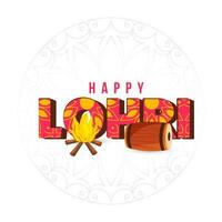 Happy Lohri Font With Bonfire, Drum Instrument On White Linear Mandala Background. vector