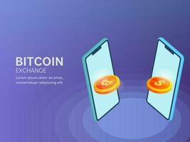 3D Illustration Of Bitcoin Exchange To Dollar From Smartphone On Blue Background For Cryptocurrency Concept. vector